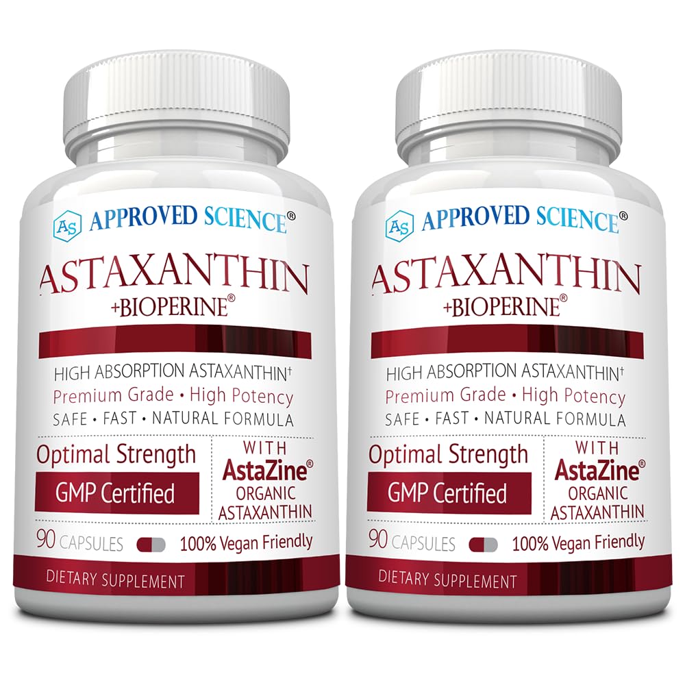 Approuvé Science® Astaxanthine 12 mg - Antioxydant extra-fort - Supporte le cœur, les yeux, la peau - 180 gélules végétaliennes - 6 mois d'approvisionnement