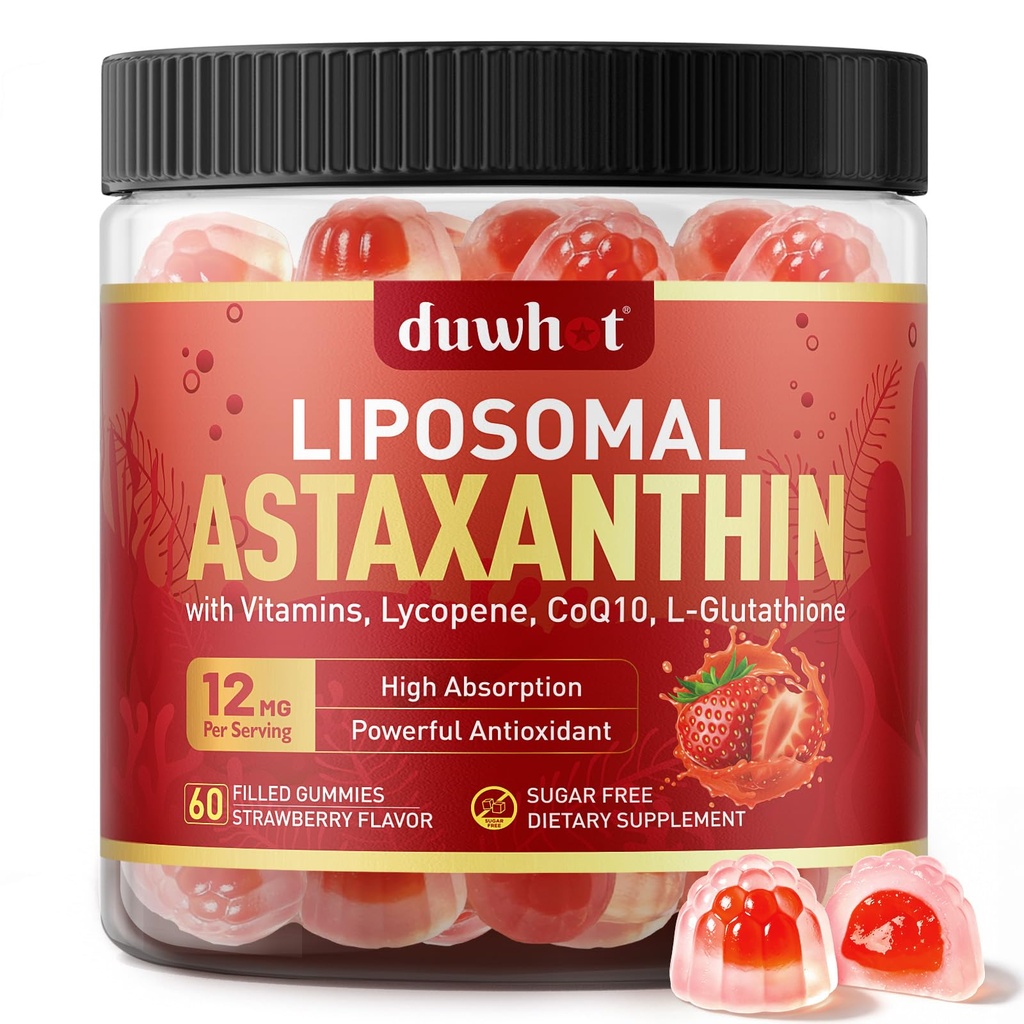 Liposomal Astaxanthin Gummies, Organic Astaxanthin 12mg Supplements with Lycopene, Glutathione for Powerful Antioxidant, Plus Vitamins & CoQ10 for Eye, Skin & Immune Health, Sugar Free, Vegan, 60