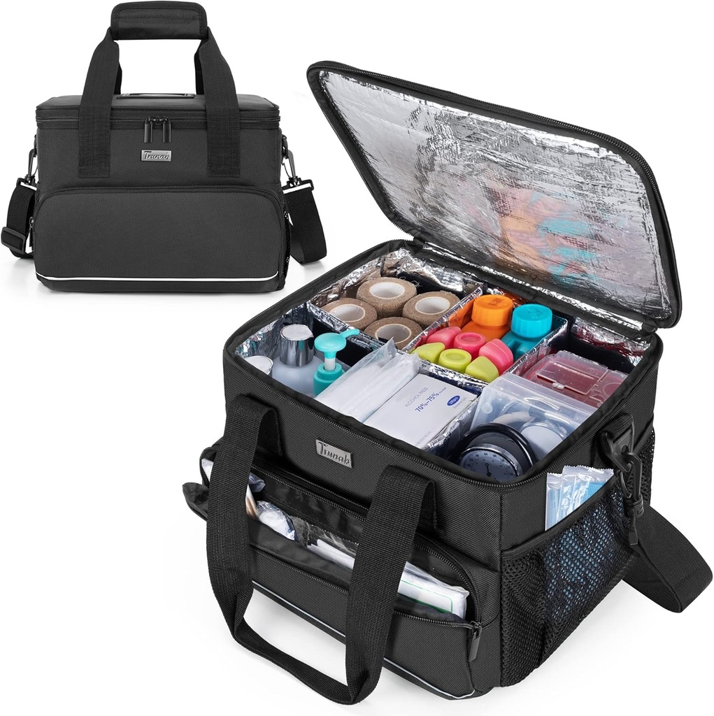 Sac médical isolé Trunab avec séparateurs réglables, fournitures médicales Sac résistant à l'eau pour la maison, Voyage, Camping, Sac vide - Design breveté, Noir