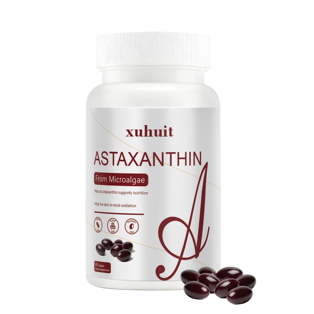 Astaxanthine 12mg Softgels, 120 Compte pour 4 mois d'approvisionnement, supplément naturel antioxydant de l'algue, sans soie, facile à avaler (01)