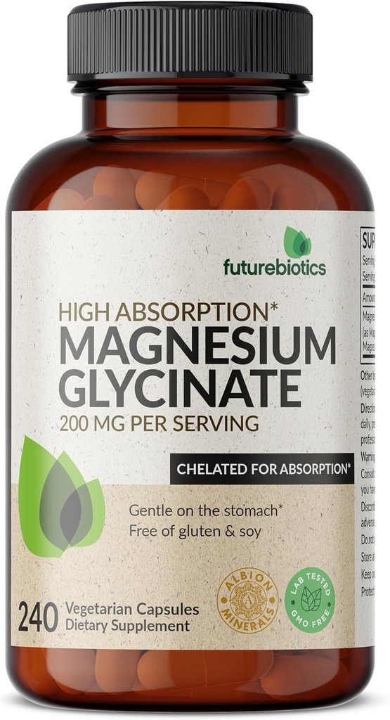 Futurebiotica Magnesium Glycinate 200 MG per portie Gecheleerd voor hoge absorptie, zacht op maag, niet-GMO, 240 Vegetarische Capsules
