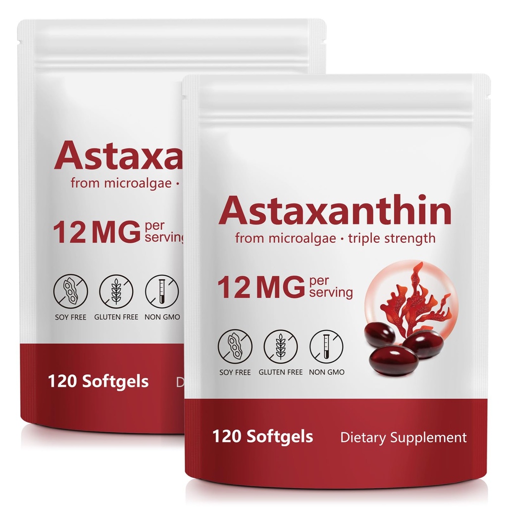 Astaxanthine 12mg, 120 Softgels, (2Pack)Premium Astaxanthine Antioxydants avec activité antioxydante, soutient la santé des yeux, de la peau, des articulations et du système immunitaire, la source de microalgues fraîches, non-OGM