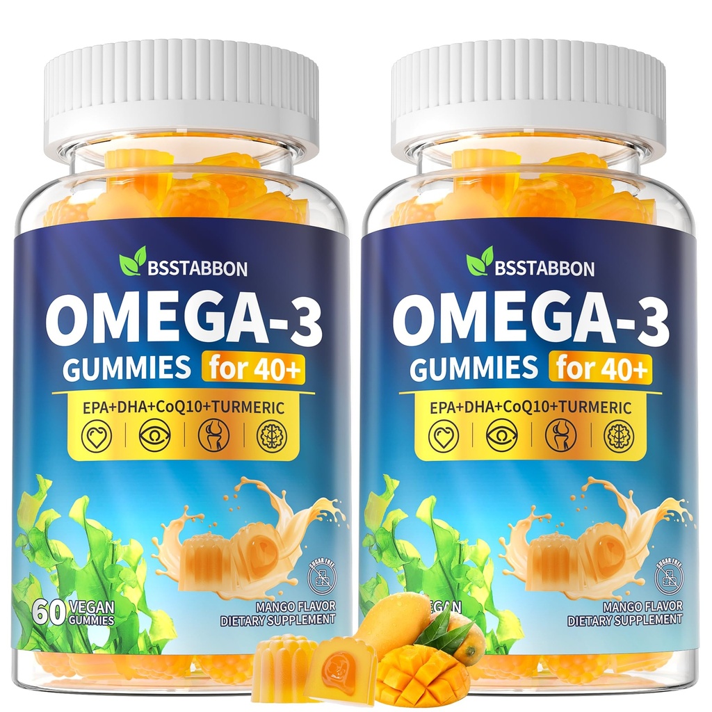 Omega-3 Gummies supplement voor volwassenen 40+: 1280mg Vegan Omega3 Vetzuur DHA EPA met vitamine D3 K2 Zink Kurkuma voor algemene gezondheidsondersteuning - Visolie alternatief voor vrouwen Mannen(120Count)
