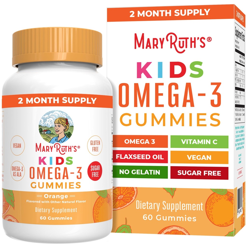 MARIRUTH'S Omega végétalien 3 Gummies pour enfants 2+, 2 mois d'approvisionnement, sans sucre, supplément Omega 3 avec vitamine C, huile de lin, soutien immunitaire, nutriments essentiels ALA, Pas de goût de poisson, 60 comte