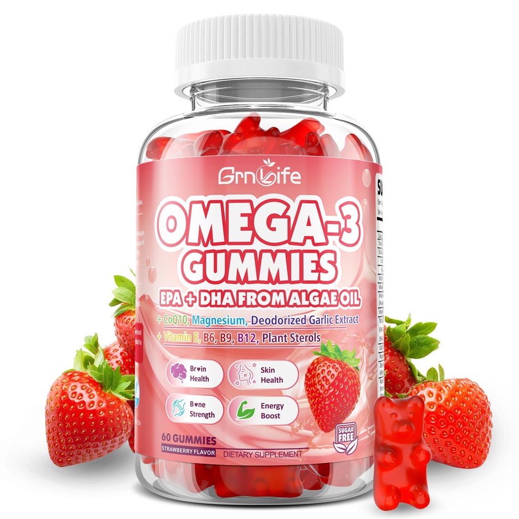 Vegan Omega 3 Gummies 1000mg + CoQ10 + Magnesium - w/Algen EPA 600mg & DHA 400mg, Visolie Omega-3 Supplementen Alternatief voor volwassenen, voor Hersenen, Oog, Immuun Gezondheid, Aardbei Smaak, 60 Tellen