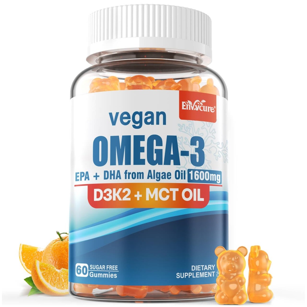 Vegan Omega 3 Gummies 1280mg + Vitamine D3 K2 (MK7), Omega 3 Visolie Alternatief voor volwassenen, w/Algen EPA 600mg & DHA 400mg, MCT Oil - No Fish Taste - for Brain, Eye, Immune Health, Sugar Free, 1 Pack