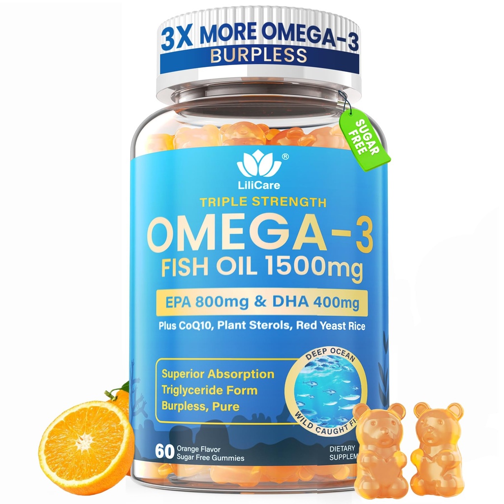 Visolie Omega 3 Gummies 1500mg voor volwassenen - Triple Strength met EPA & DHA, COQ10, Rode Gist Rijst - Wild Caught Omega 3 Fatty Acids Supplementen voor H