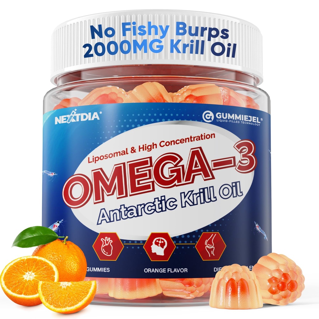 Liposomale Antarctische Krillolie Omega 3 Gummies 2000mg - Cellular Level Absorptie Omega-3 met EPA, DHA & Astaxanthine - Antioxidant & Hersenondersteuning - Visoliesupplementen Alternatief - 60 Tel.