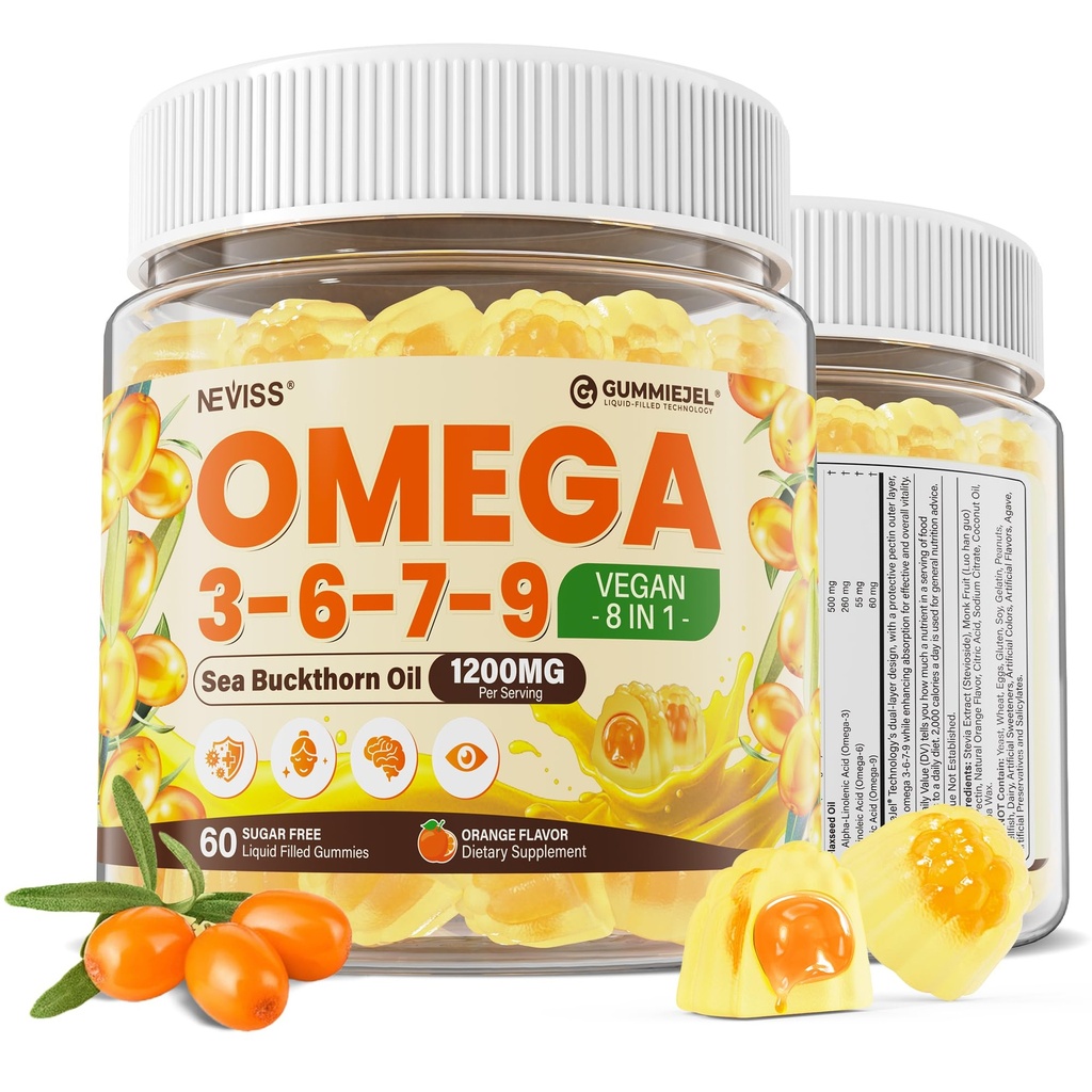 Omega 3-6-7-9 Gummies, Biologische Zee Buckthorn Oil 1200MG & Vlaszaadolie 500MG, Vegan Omega 7 Supplement w/Vitamine A, C, E, Vetzuren, Geen Vis Smaak, Ondersteunt Huid, Oog, Immuun, Hersengezondheid, 60 Ct