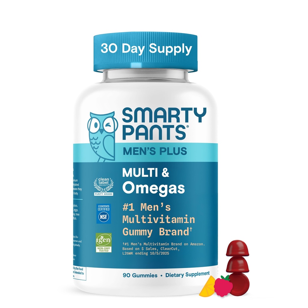SmartyPants Gummies multivitamines pour hommes avec Omega 3 DHA/EPA, Méthylfolate, Vitamine D3, C, B12, B6, A, K, Zinc, Raspberry Lemonade Flavor, 90 Comte (30 jours)