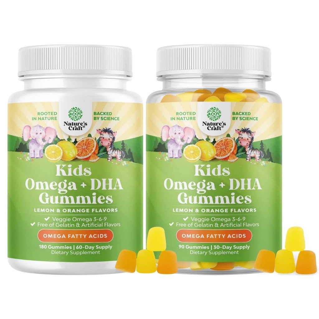 Bundel van Omega DHA Gummies voor kinderen - Vetzuren Omega 3 6 9 met vitamine C voor hersenen, immuniteit en visie - Nutritional DHA voor gezond zenuwstelsel & Focus Support - Vegetarisch & glutenvrij