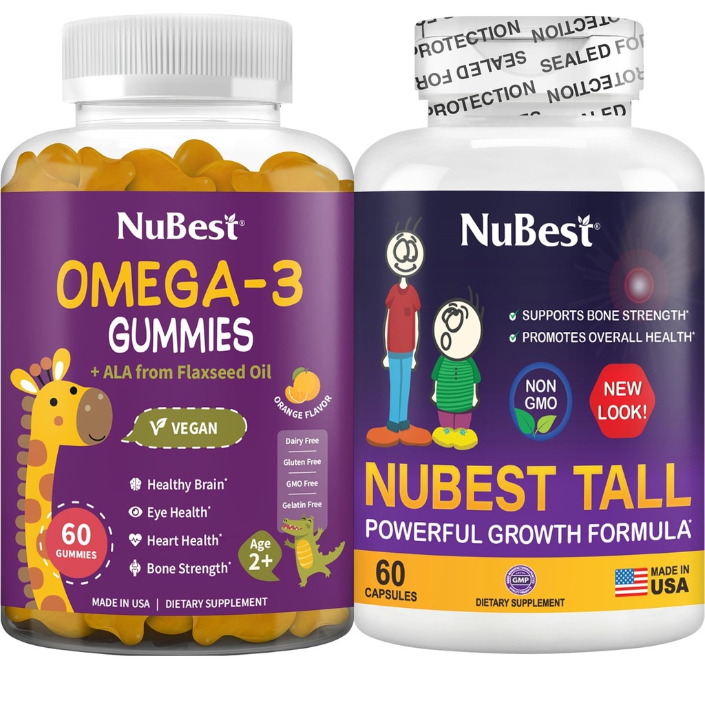 NuBest Bundle Bone Growth - Hersengroei: Omega 3 Gummies Tall New Look for Kids & Teens with Calcium, Collagen, Herbs, Omega 3 Flaxseed Oil