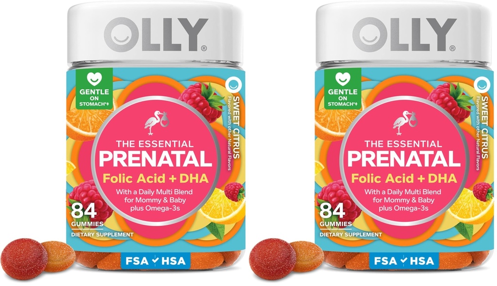 Gummy Multivitamine prénatale essentielle, Acide folique,Vitamine D,Omega 3 DHA, soutient la croissance saine et le développement du cerveau,Citrus Berry -,84 Compte (paquet de 2)