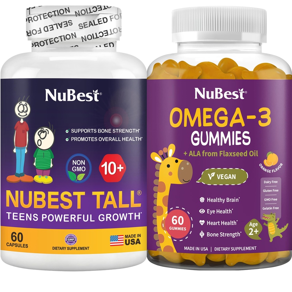 NuBest Bundle Bone Growth and Brain Growth Tall 10+ Bone Health Capsules and Omega-3 Gummies for Kids & Teens