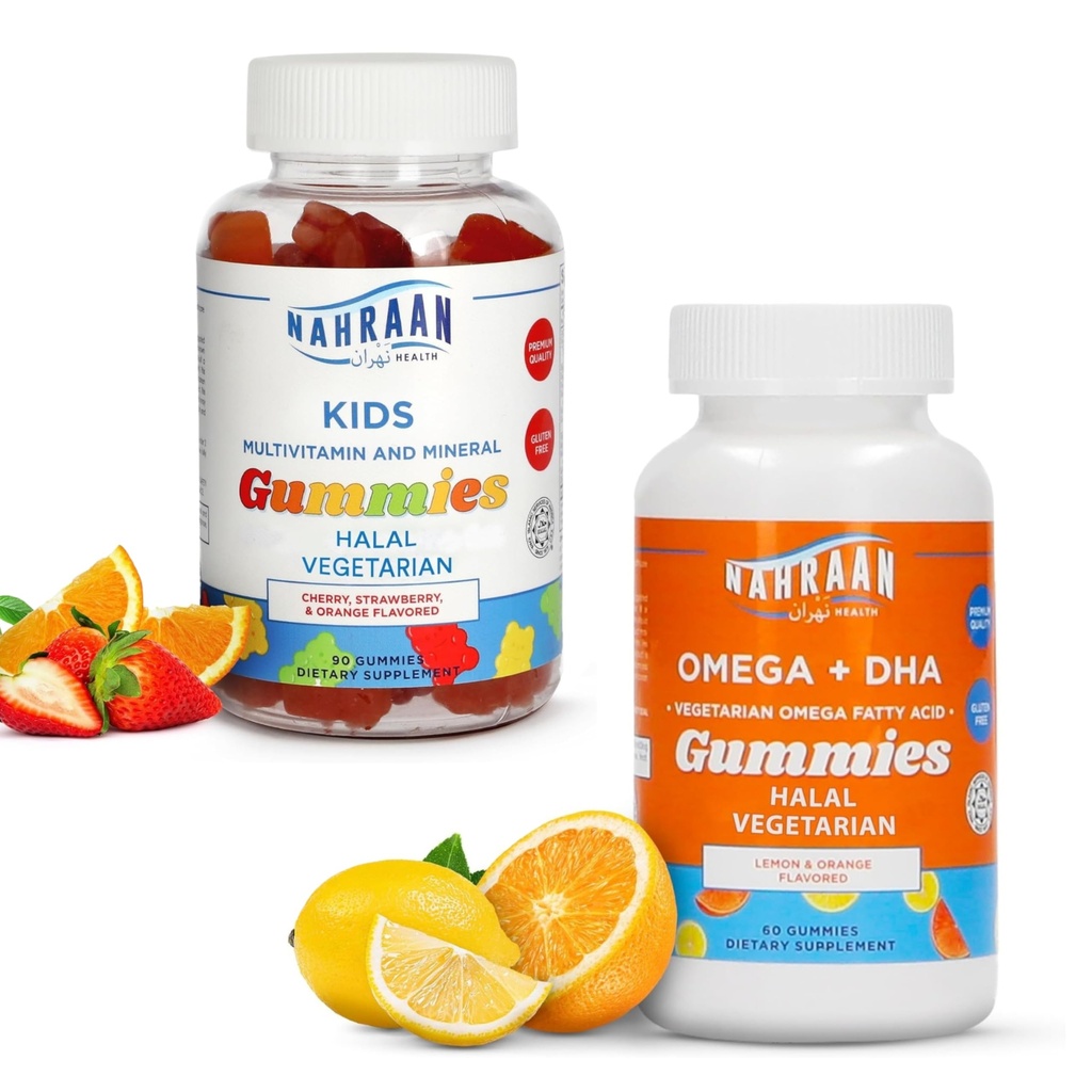 Halal Multivitaminen voor kinderen (90 telling) & Halal Omega 3 Gummies voor volwassenen en kinderen (60 telling) - Niet-GMO, Vegetarisch, Glutenvrij Halal Gummies