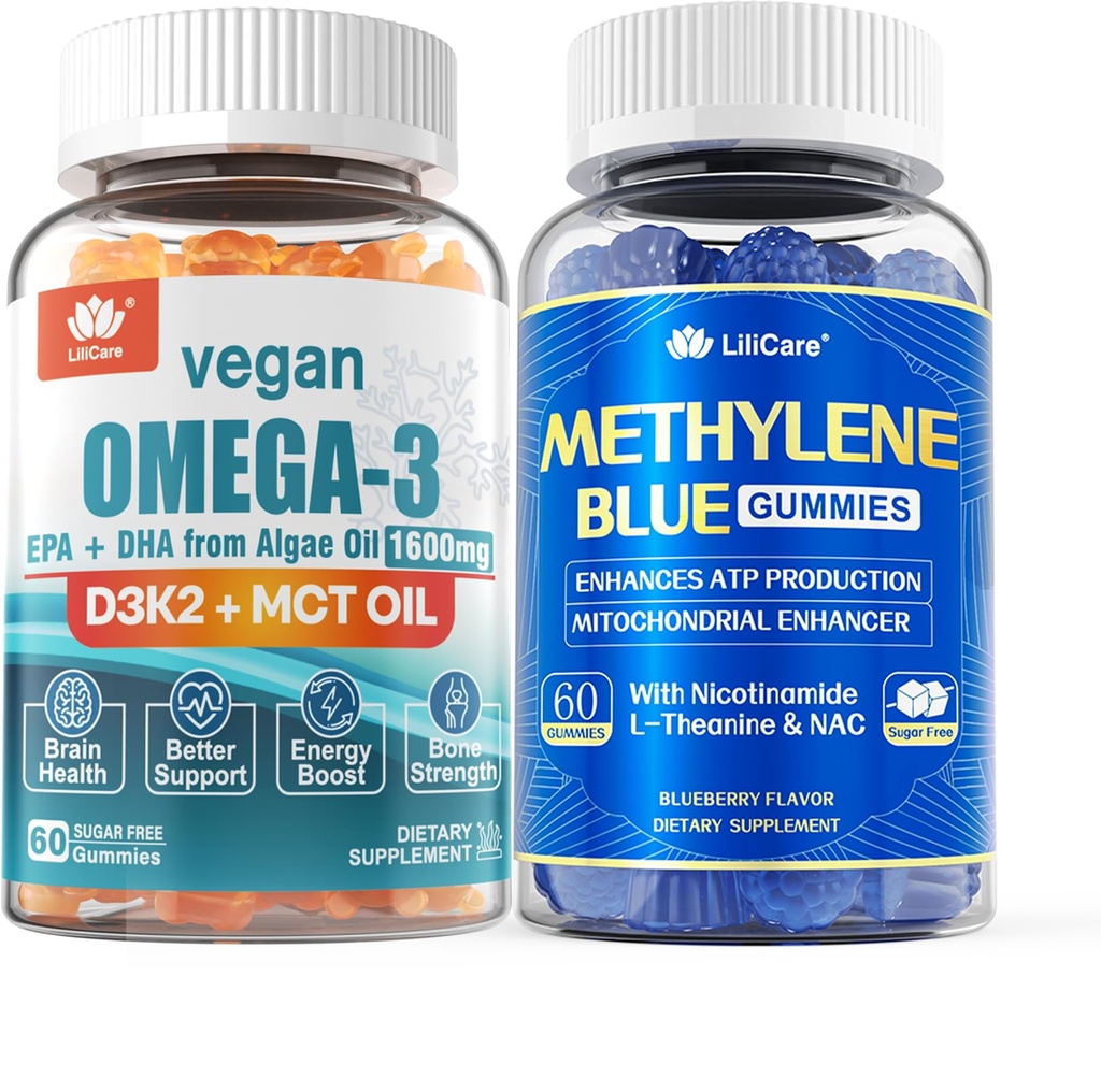 Vegan Omega 3 Gummies 1280mg + Methyleen Blue Gummies for Human