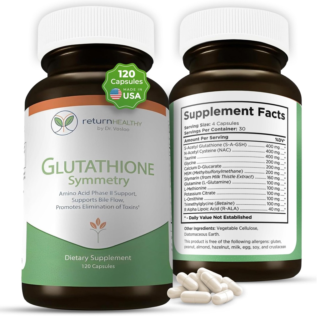 glucathion Symmetry (S-acétyl glutathion Supplement) Antioxydants et complément de détoxification (S) Support cellulaire naturel (S) All-Natural, Vegan, Non-OGM, 120 capsules