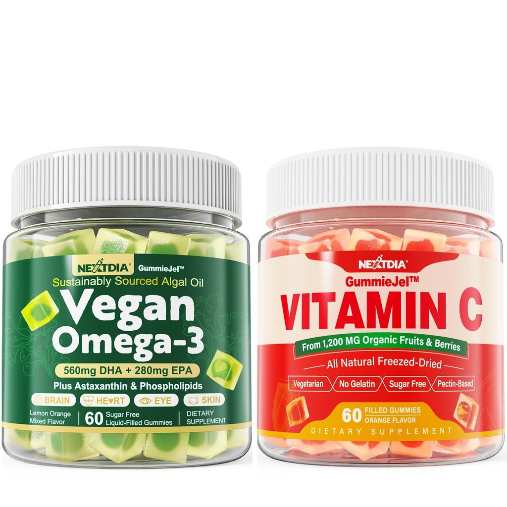 Nextdia Vegan Omega 3 Gummies + Whole Food Vitamine C Gummies voor volwassenen en kinderen