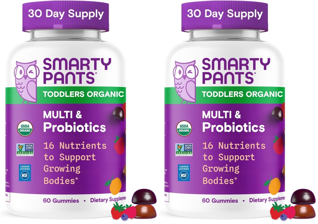 SmartyBants Biologische Peuter Multivitamine Gummies: Probiotica,Omega 3 (ALA),Vitamine D3,C,Vitamine B12,B6,A,K&Zinc,Beta Caroteen,Glutenvrij,Drie Fruitsmaken, (30 dagen levering),60 Tellen (pakket van 2)