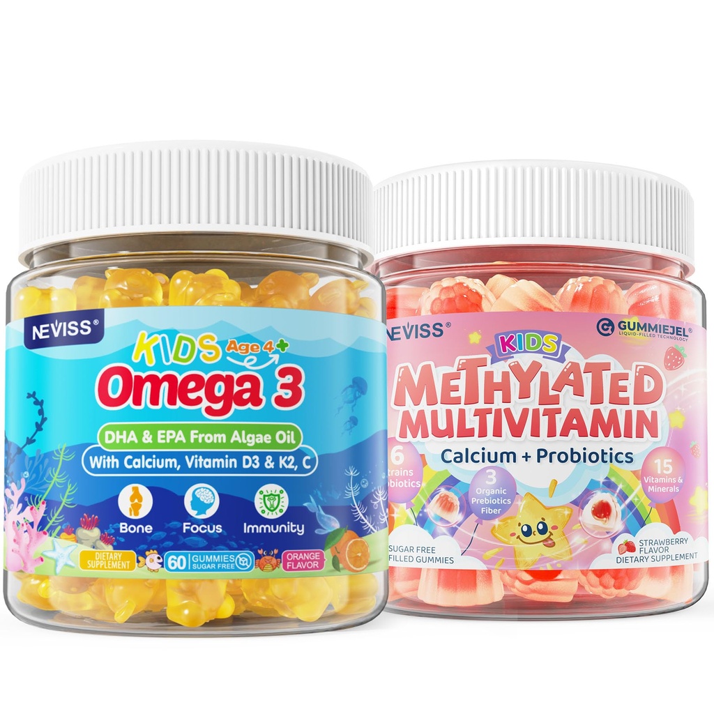 Kinderen Gemethyleerde Multivitamine Gummies met Calcium, Probiotica + Omega 3 Gummies met Vitamine D3 & K2, C, DHA