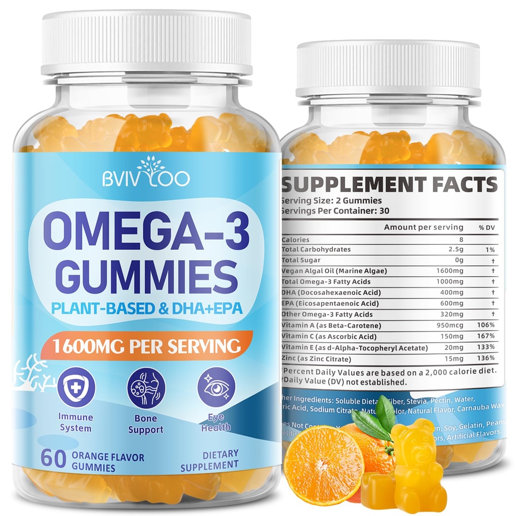 Vegan Omega-3 Gummies - 1600mg met 600mg EPA & 400mg DHA. Hoge absorptieformule. Heerlijke sinaasappelsmaak - 60 Gummies