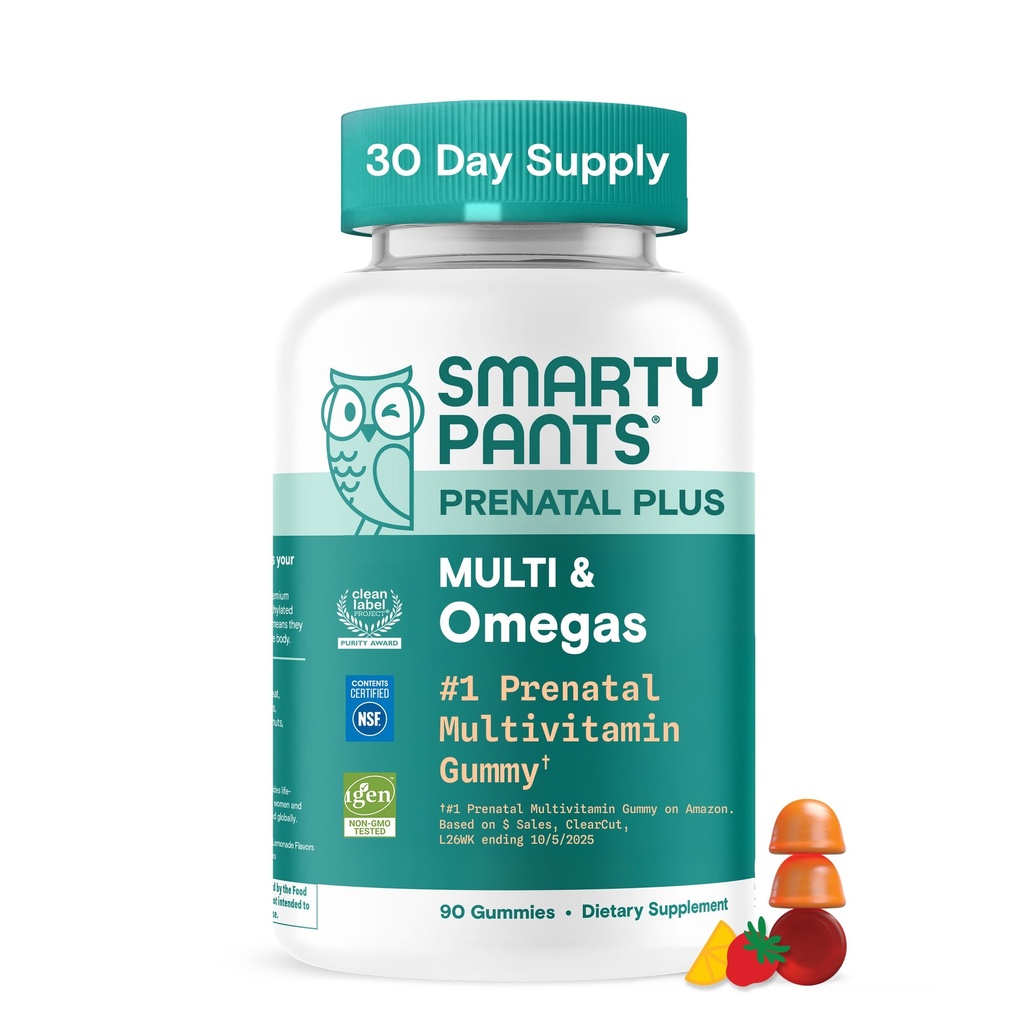 SmartyBants Prenatale Multivitamine Gummies met Omega 3 DHA/EPA, Methylfolaat, Biotine, Vitaminen D3, C, B12, B6, A, K, en Zink, Glutenvrij, Clean Label, Twee Fruitsmaken, 90 Gummies (30 dagen levering)