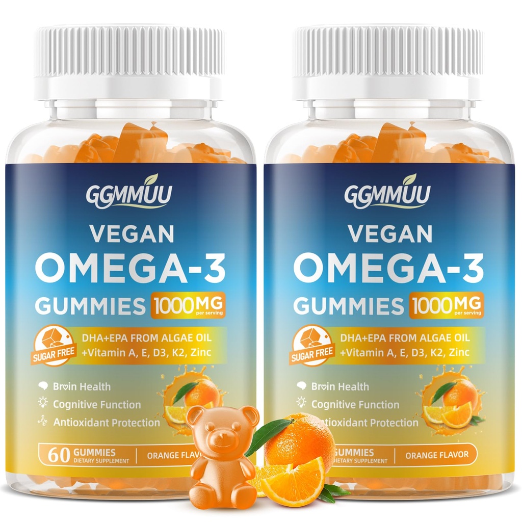 2 Pack Vegan Omega 3 Gummies 1000MG Algal Oil Omega 3 Supplement for Adults with Algae DHA 600mg & EPA 300mg Fish Oil Alternative - for Eye & Immune Health, Orange Flavor, 120 Count