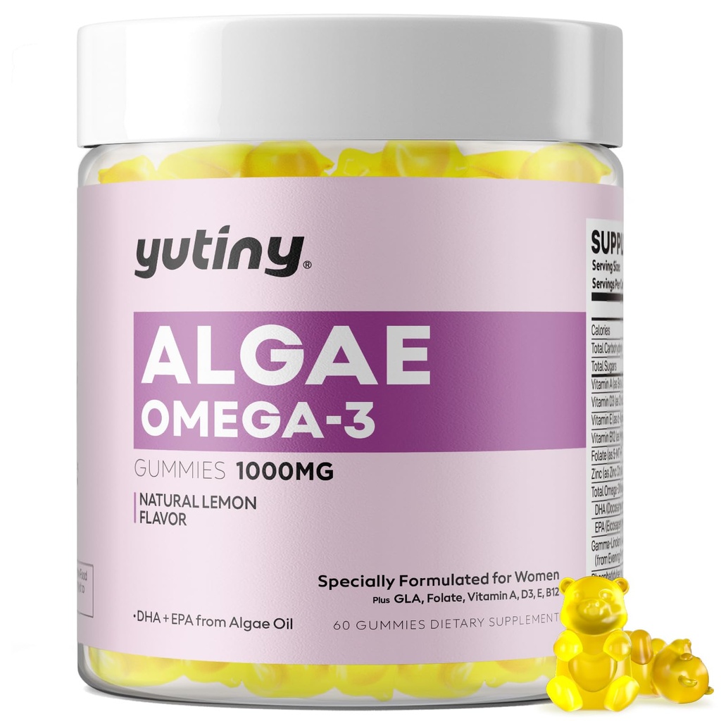 Omega végétalien 3 Gummies pour les femmes, Algae Omega 3 1000mg Supplément avec DHA, EPA, GLA, vitamine A, E, B12, Folate, santé de la peau et du cerveau, sans sucre, 60 Compte