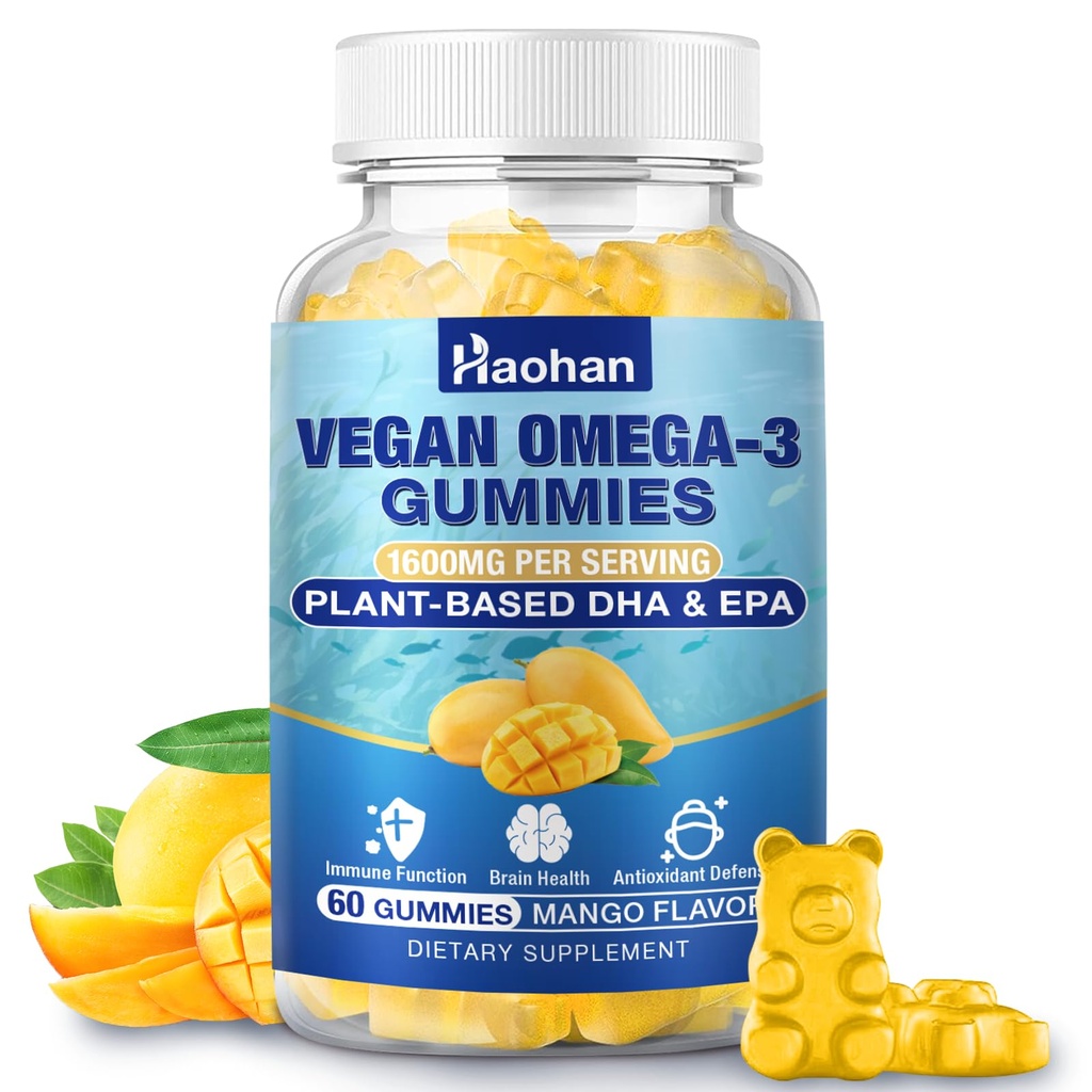 Omega-3 Gummies voor volwassenen, Sinaasappelsmaak en Sugar-Free DHA 600mg & EPA 300mg, met vitamine A, C, E, Zink, 60 Gummies