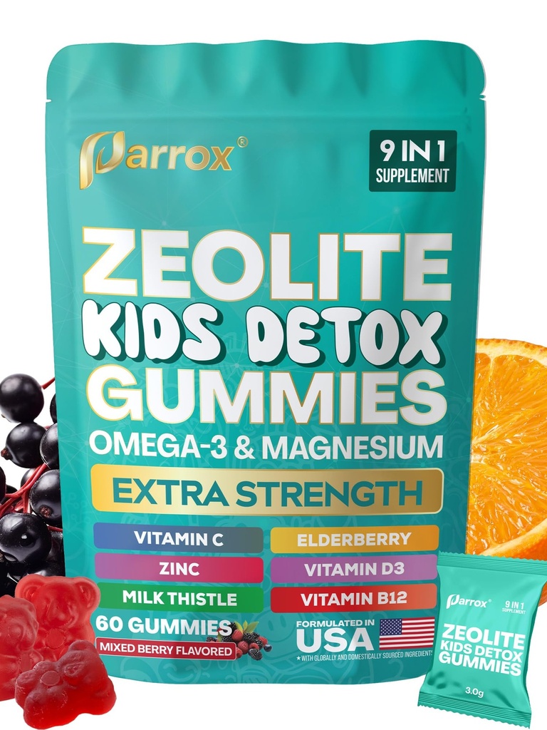 Zeoliet Kids Gummies, 9-in-1 met Zeoliet, Omega-3, Magnesium, Vlierbes, Vitamine C, Melkdistel, Vitamine D3, Zink, B12 