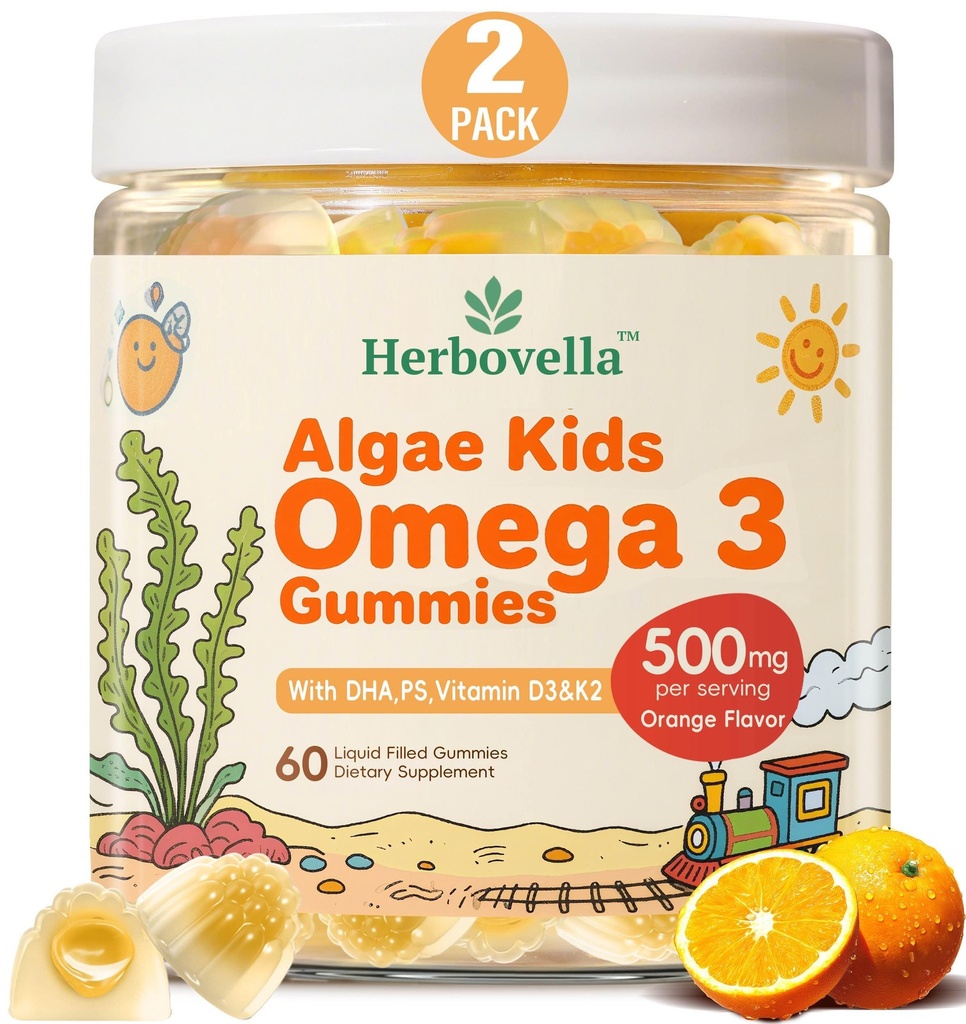 Kinderen Omega 3 Gummies 2 Pack, Vegan Algae DHA 420mg met PS, Vitamine D3 K2, Suikervrij, Geen Visolie, Hersen & Focus Ondersteuning voor kinderen, 120 Gummies