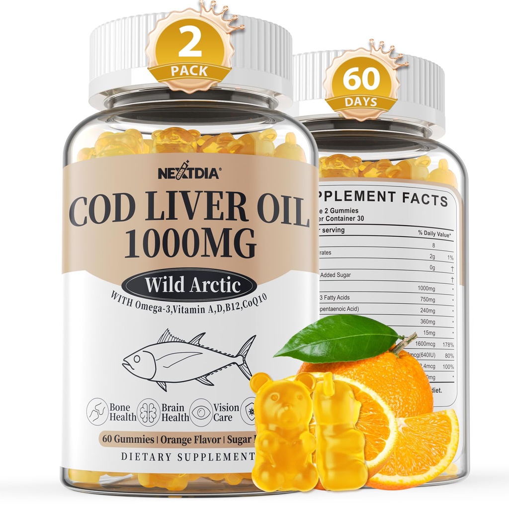 Koolleverolie 1000mg Gummy's voor volwassenen en kinderen, met vitamine A & D3 - Omega 3 Visolie supplement - DHA 360mg & EPA 240mg voor hersenen, bot, oog en immuungezondheid, suikervrij, 120 Tel.