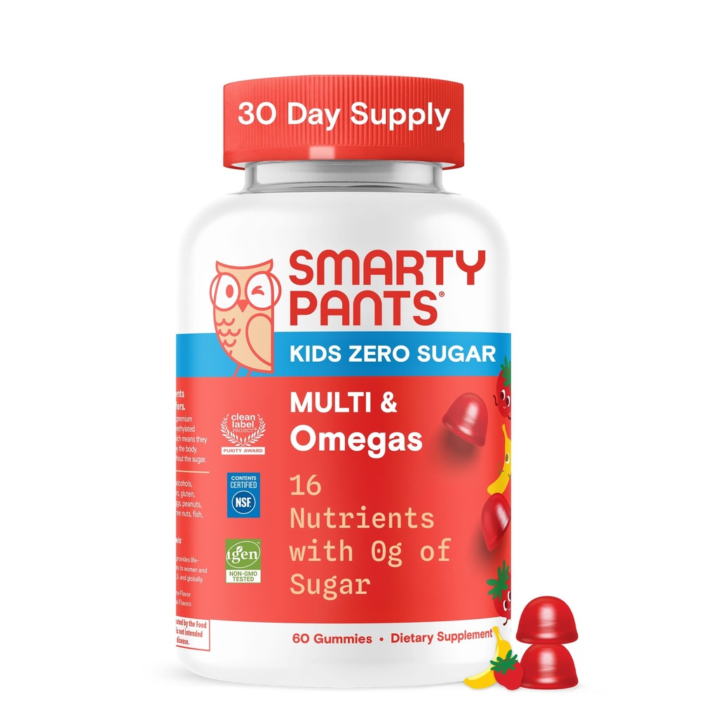 SmartyBants Kids Zero Sugar Multivitamine Gummies: Omega-3, Vitamines D, C, A, Plant-Based, Glutenvrij, Aardbei Banaan Smaak, 60 Tellen (30 Dagen Levering)