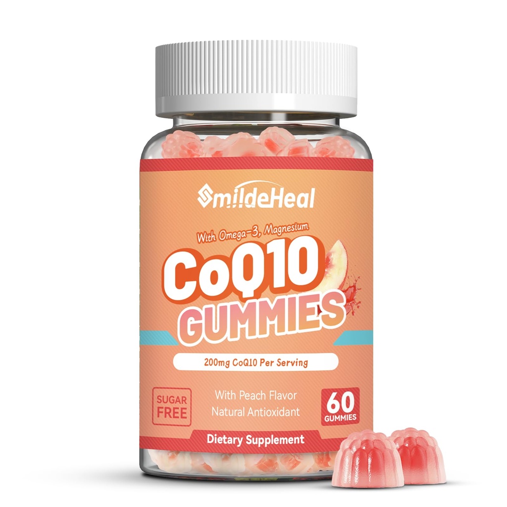 CoQ10 Gummies 200mg with Omega-3, EPA + DHA, & Magnesium - Co-enzym Q10 Supplements for Heart Health, Cellular Energy & Antioxidant, Vegan - 60 Gummies