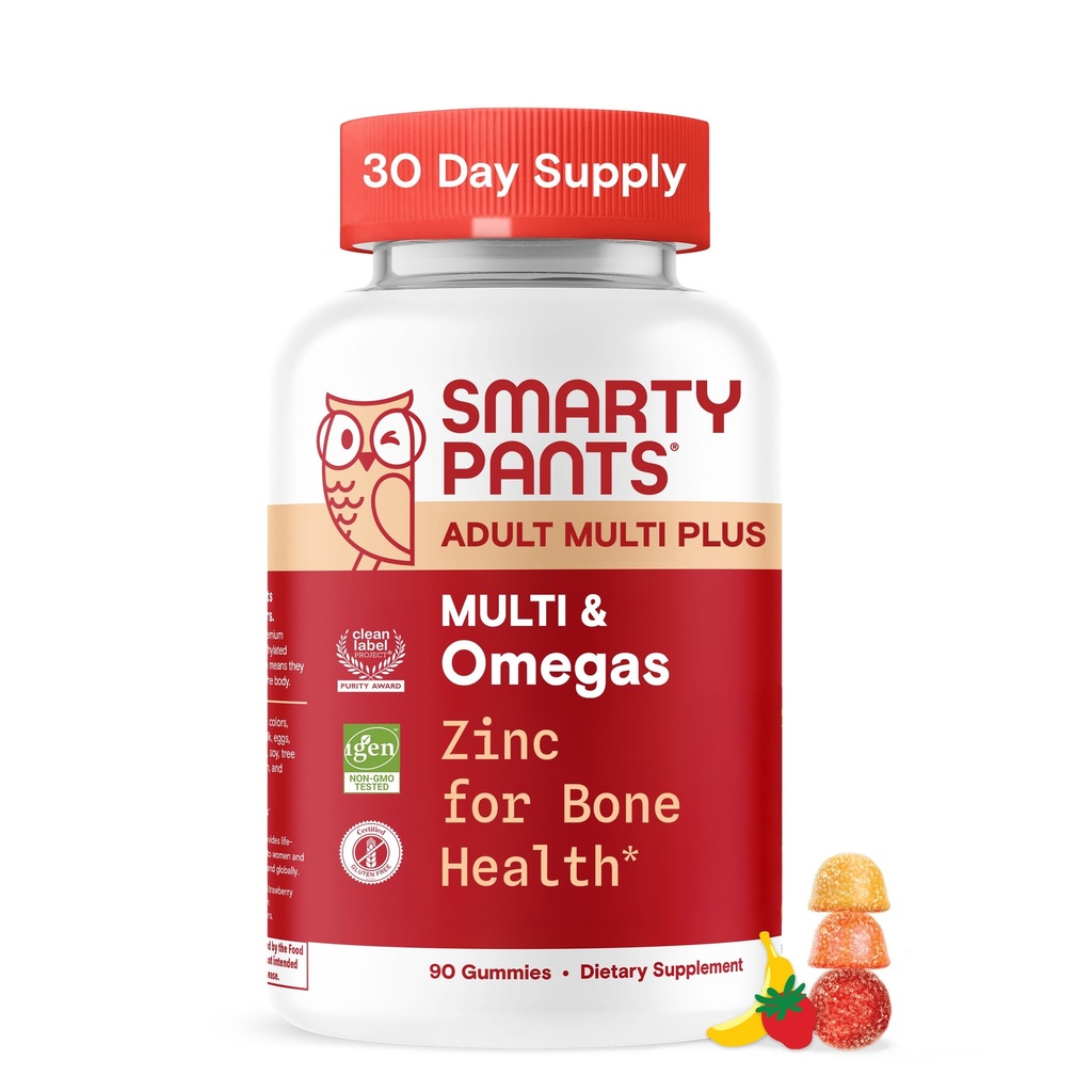 Multivitamine SmartyPants pour hommes et femmes, Gommies multivitamines avec Oméga 3 (DHA/EPA), Vitamine D3, C, Vitamine B12, B6, A, K & Zinc, Biotine, Sans gluten, 90 Compte (30 jours)