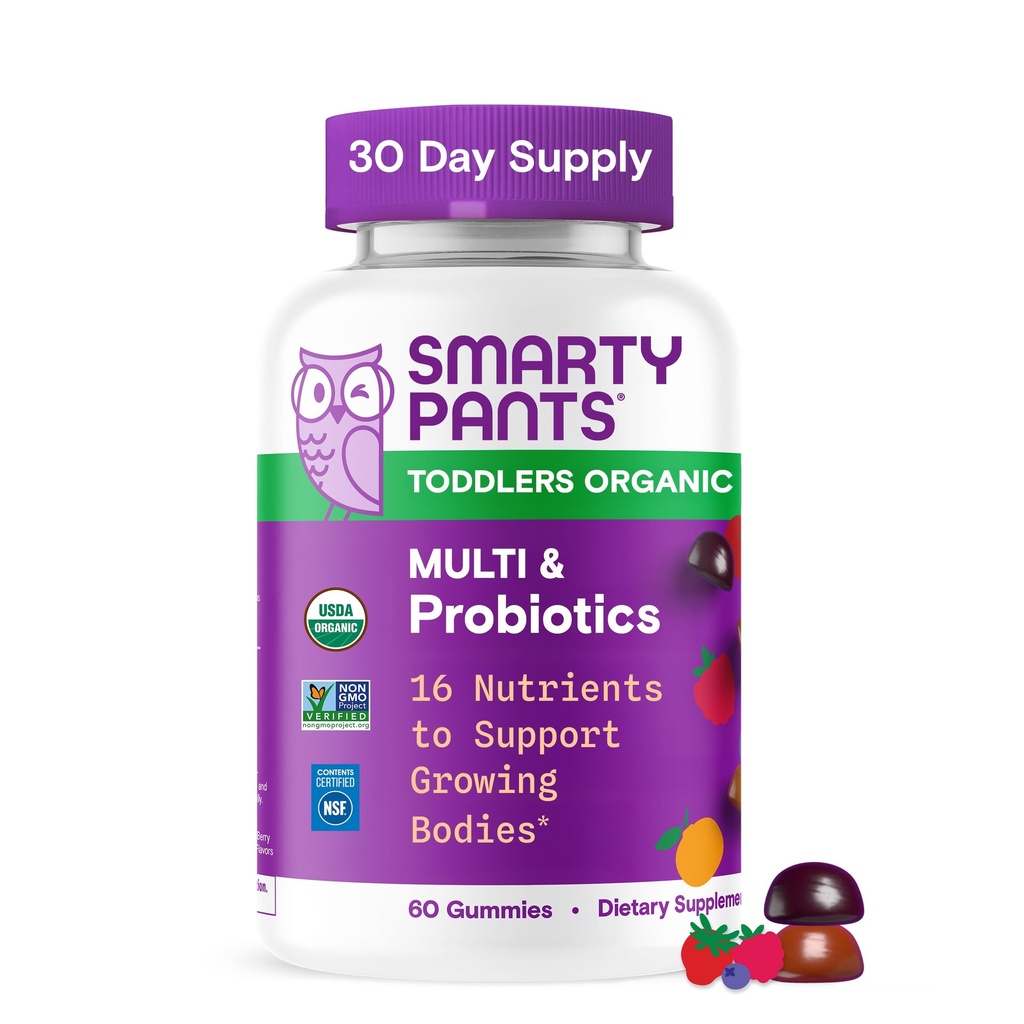 SmartyBants Biologische Peuter Multivitamine Gummies: Probiotica, Omega 3 (ALA), Vitamine D3, C, Vitamine B12, B6, A, K & Zink, Beta Caroteen, Glutenvrij, Drie Fruitsmaken, 60 Tellen (30 Dagen Levering)