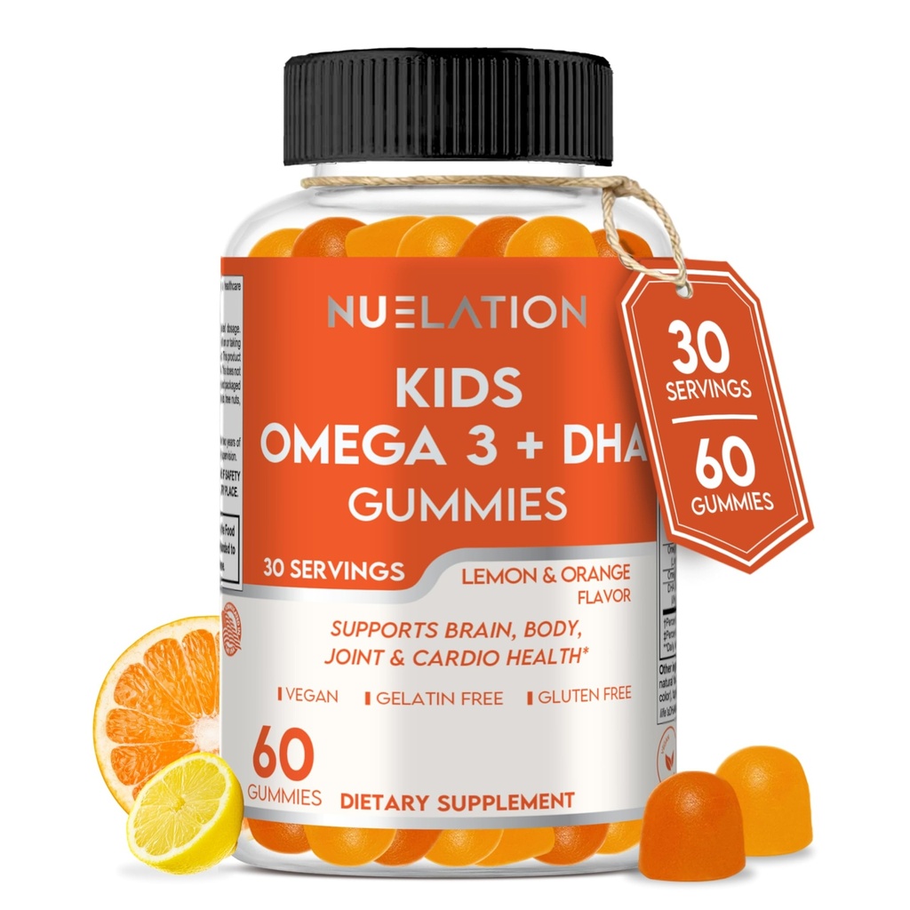 Omega 3 végétalien pour les enfants avec DHA, à base de plantes, 30 portions, 60 Ct. Sans gélatine, sans gluten, supplément Omega 3 non-OGM. Enfants et tout-petits DHA Gummies pour le cerveau, l'oeil, le cœur et le soutien immunitaire