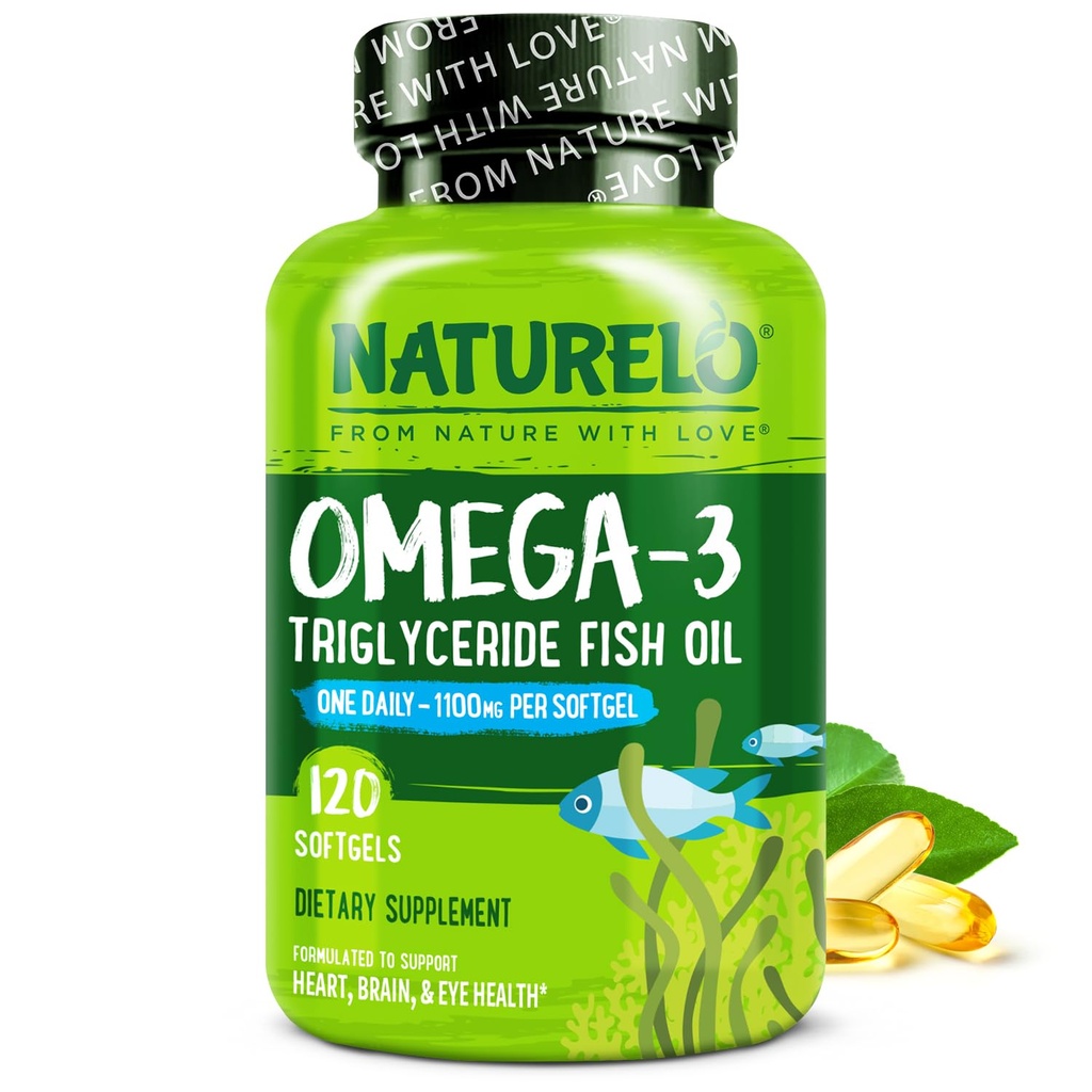 NATURELO Omega 3 Sans Burp Supplément à l'huile de poisson - 1100mg Triglycéride Omega-3, EPA + DHA, Huile de poisson liquide pour le coeur, l'oeil, le cerveau, la santé articulaire - 120 Softgels, 4 mois d'approvisionnement