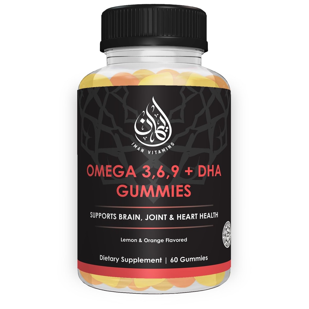 Halal Omega 3 6 9 + DHA Gummies voor volwassenen Ondersteunt Ogen, Hersenen, Immuun en Hart Gezondheid Vegetarisch en Glutenvrij