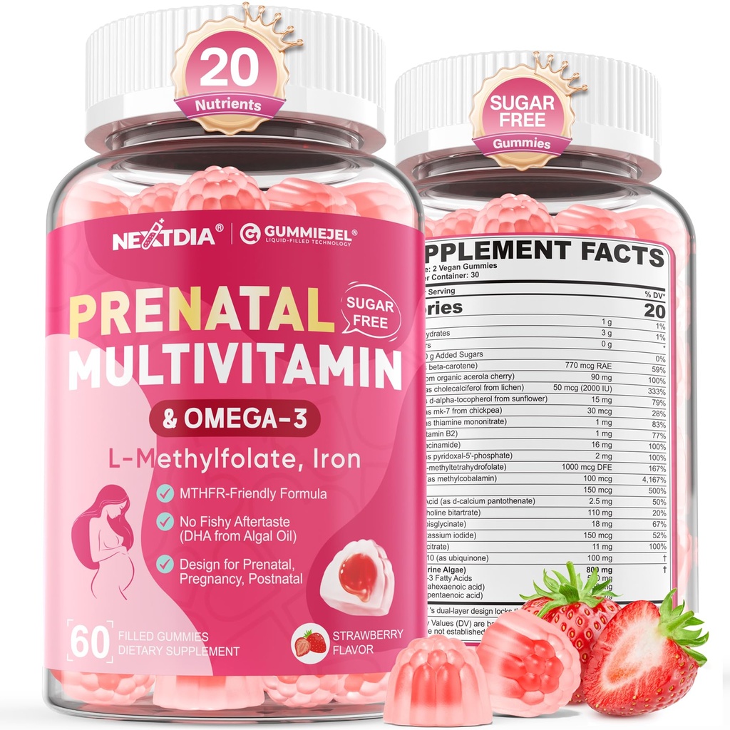 Prenatale vitamines voor vrouwen Gummies, Methylfolaat 1mg, Vegan Omega 3 DHA 800mg, Iron, Choline, Jodium, Vitamine D3 B6 B12 - Multivitamine voor vrouwen voor, tijdens en na de zwangerschap, Suikervrij, 60 Tellen