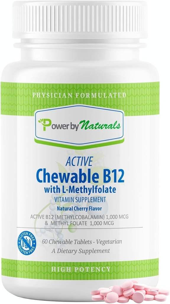 Power By Naturals Active Kauwbare Gemethyleerde B12 met L-methyl Folate Supplement voor vrouwen en mannen, Cherry smaak, 60 tabletten
