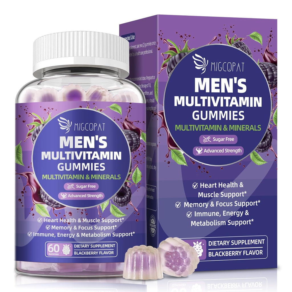 Multivitamine voor mannen, Heren Multivitaminen Gummies w/Omega-3, Probiotica, Inositol, Folaat, Biotine, Zink, Vitaminen A, C, D, E, B, - Ondersteuning Hart, Hersenen, Spier, Energie, Suikervrije, Blackberry smaak