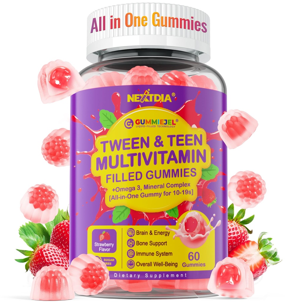 Nextdia Multivitamine Gevulde Gummies voor tienerjongens Meisjes 12-17, 18, 19, Kinderen 10+ Multivitamine met Omega 3, Calcium + Magnesium + Zink, Multi-Minerals voor Adolescente 10-19S Hersenen, Botten, Energie, Immuun