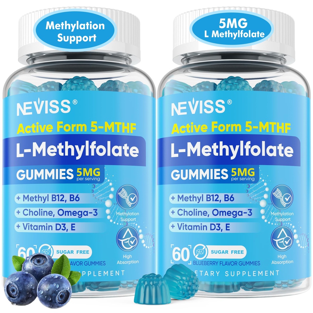 L Methylfolaat Gummies & Methyl B12, Actief 5-Mthf Methylfolaat 5mg Supplement voor vrouwen Mannen w/Methyl B Complex,Choline,Magedium,Omega-3,Methylfolaat voor methylering,Focus,Mood,Suikervrij,2Pack