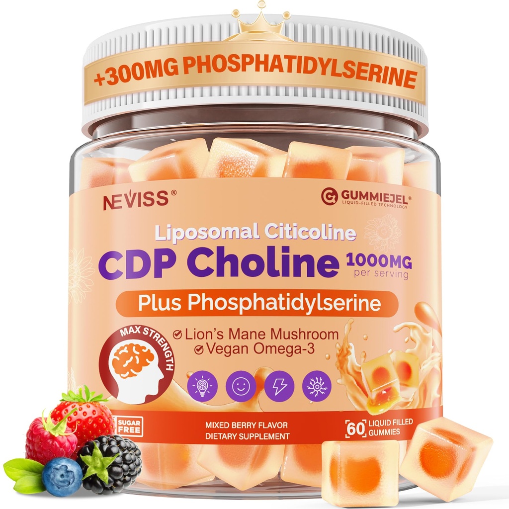 Citicoline 1000mg & Fosfatidylserine 300mg Supplementen CDP Choline Gummies, Hersensupplement voor Geheugen en Focus W/Lion's Mane Mushroom, Omega-3, Methylfolaat, B6 & B12, Non-GMO, Sugar Free,60ct