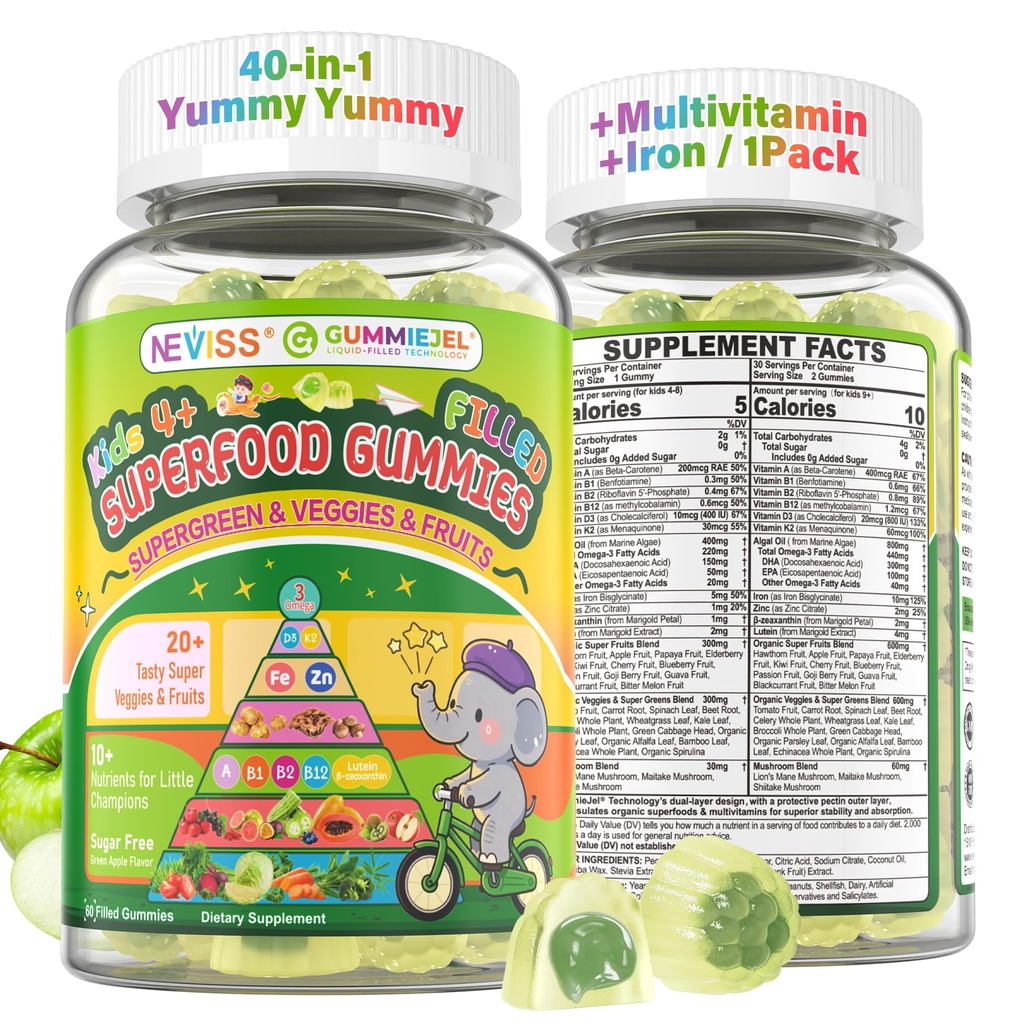 NEVISS Enfants 4+ & Adolescents Super Verts 40-en-1 Gommies avec/Multivamin, Oméga3 Fer, D3K2, Picky Eater Bio Super Fruits Végétiques Superfood Gommy, Champignon, Lutéine