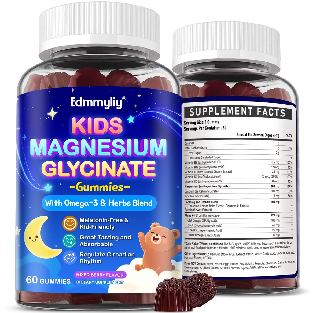 Kids Magnesium Glycinate Gummies - Magnesium Glycinate Supplement 200mg with L-theanine Omega-3 Calcium Vitamin D3 & B12 for Kids Natural Zzz at Bedtime & Overall Health - Sugar Free & Non-GMO