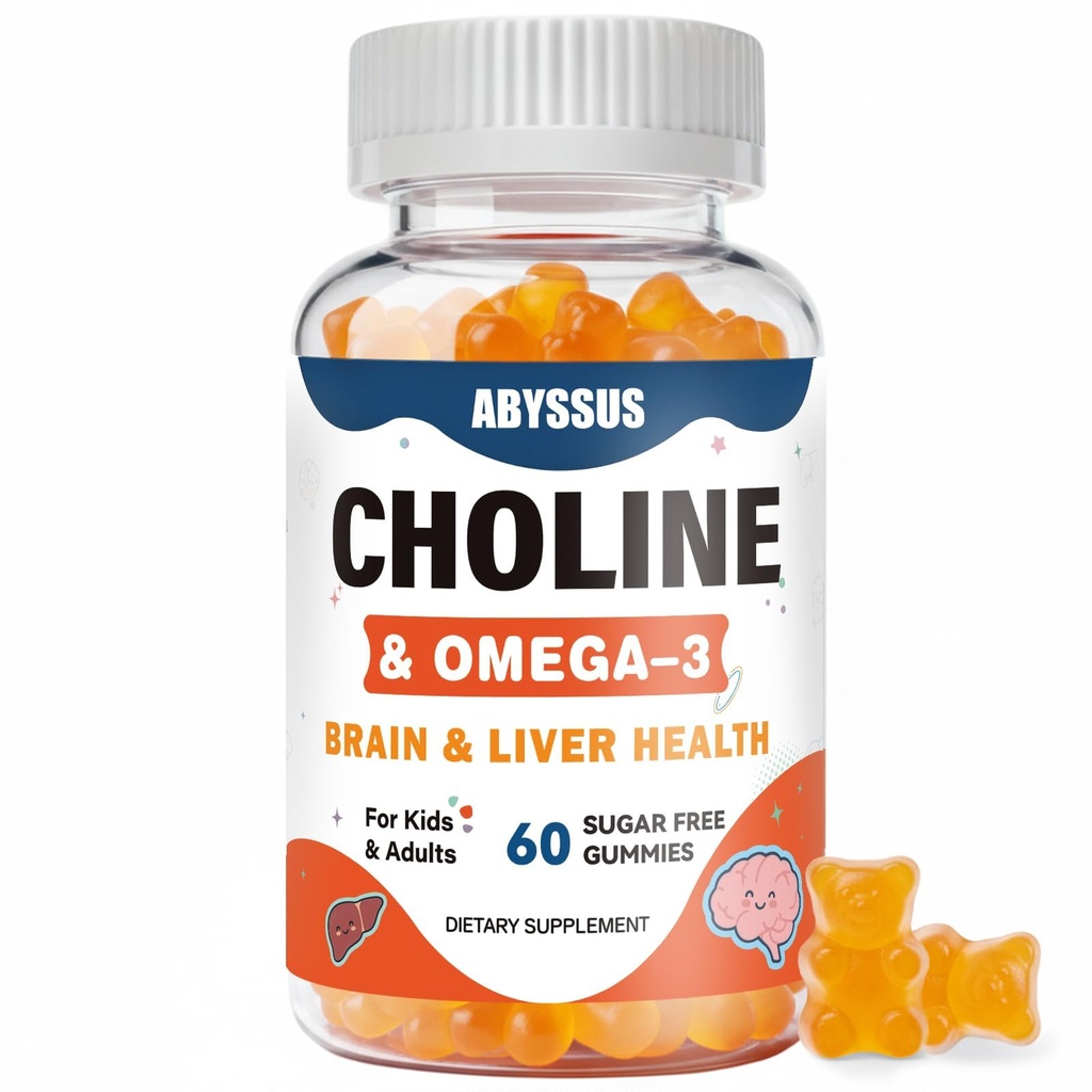 ABYSSUS Choline Gummies voor kinderen en volwassenen, suikervrij Choline Bitrate Supplementen met Algal Omega-3 DHA EPA & Active B6 B12, Brain & Lever Support, Vegan, 60 Tel.