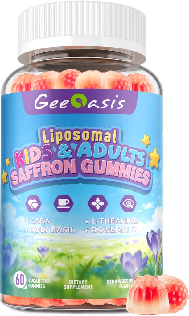 Safran liposomique avec Glycinate de magnésium, supplément de safran pour enfants et adultes, avec Rosemary de Basilic Saint, L-Theanine, GABA, Omega-3 et vitamines, Focus et soutien du cerveau, relaxation, 60Ct