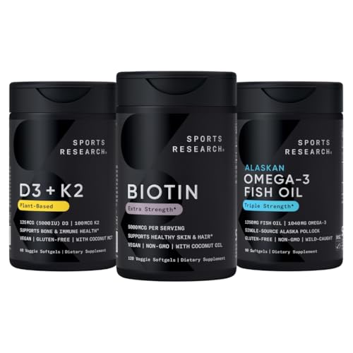 Sports Research® Healthy Hair Pack - Biotin 5,000mcg with Organic Coconut Oil + Vegan Vitamin D 5000iu & Mk7 Vitamin K 100mcg + Omega-3 Fish Oil 1250